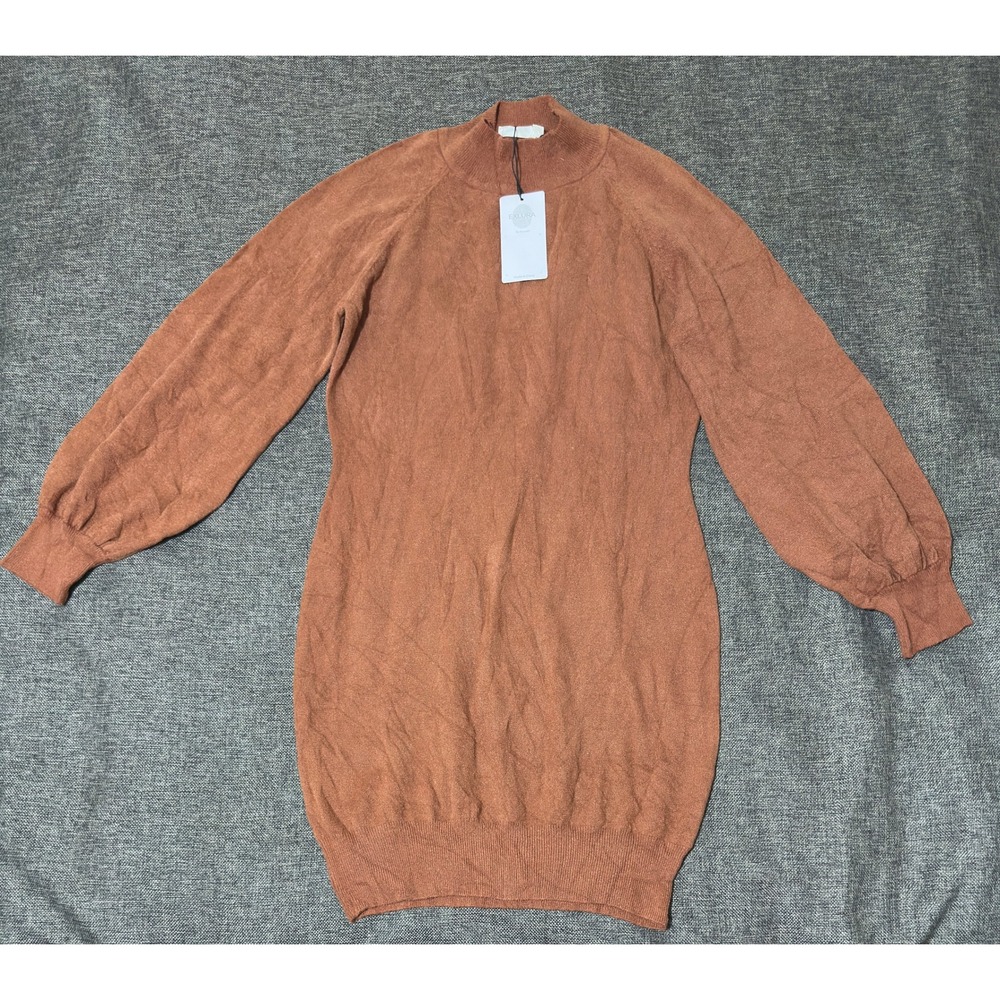 Exlura Womens XXL Sweater Dress Mock Neck Long Lantern Sleeve Brown DR141